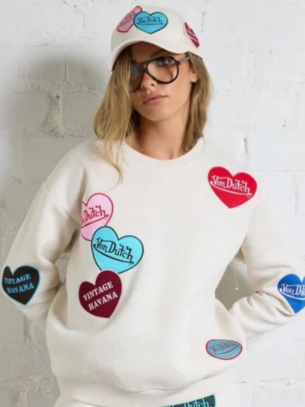 Von Dutch Cream Sweatshirt with Multicolor Heart Patches